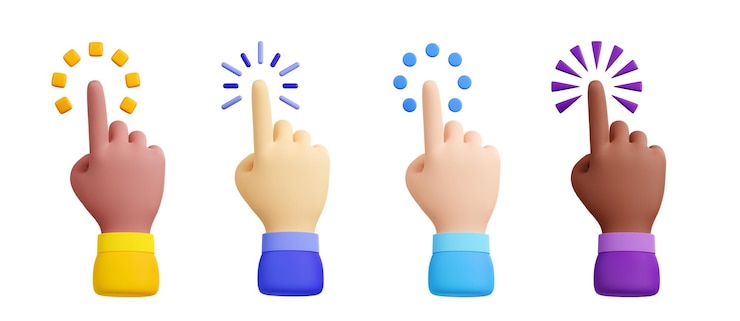 Photo gratuit mains multiethniques appuyant sur le bouton 3d
