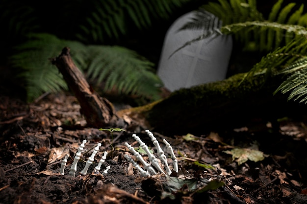 Mains squelettiques au sol dans un cimetière