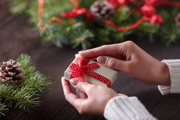 Mains tenant une boîte cadeau avec un fond de pomme de pin