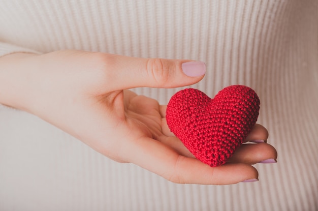 Mains tenant un coeur en peluche