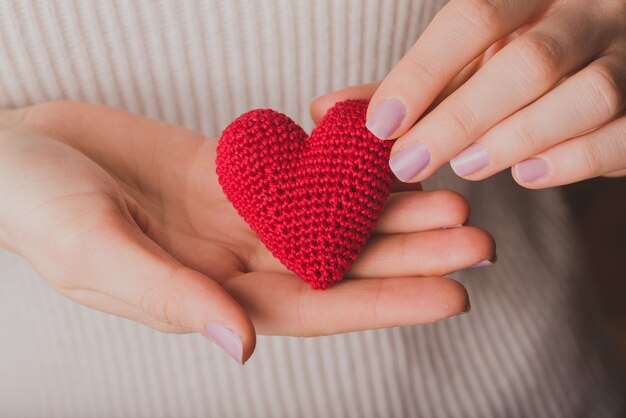 Mains tenant un coeur en peluche