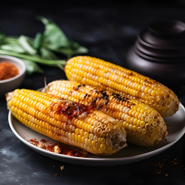 Photo gratuite maïs grillé avec des épices et des herbes sur un fond noir