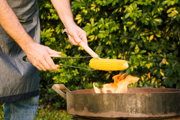 Maïs jaune savoureux dans des pinces métalliques sur la grille de feu dans les mains