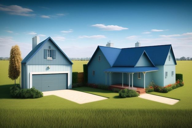 Une maison bleue avec une porte de garage bleue