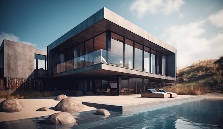 Photo gratuit maison de design villa moderne avec une salle de séjour ouverte et une chambre à coucher privée à l'aile grande terrasse avec l'intimité