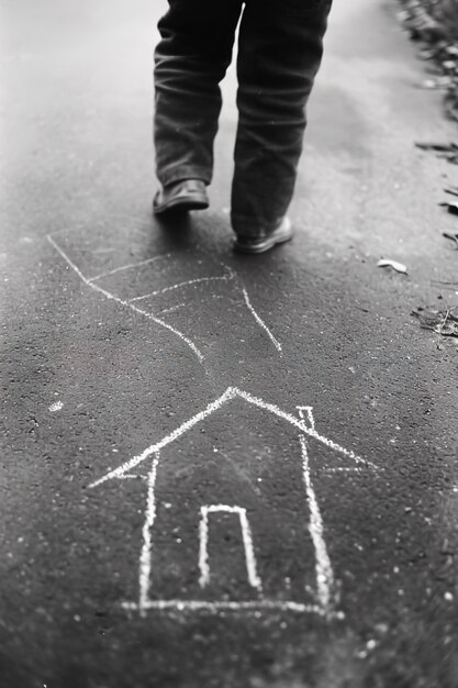 Une maison dessinée à la craie sur la route par un homme