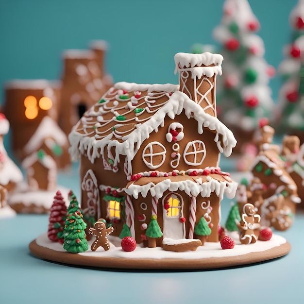 Maison de pain d'épice de Noël avec arbre de Noël et flocons de neige sur fond bleu