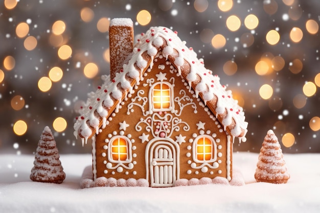 Maison en pain d'épice de Noël décorée de bonbons et de glaçage sur table en bois