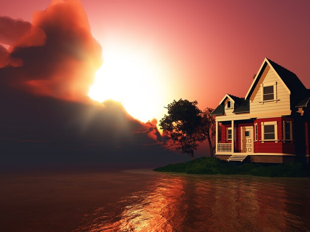 Maison rouge au coucher du soleil