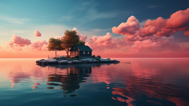 Photo gratuite une maison solitaire se dresse sur une petite île baignée de teintes de coucher de soleil