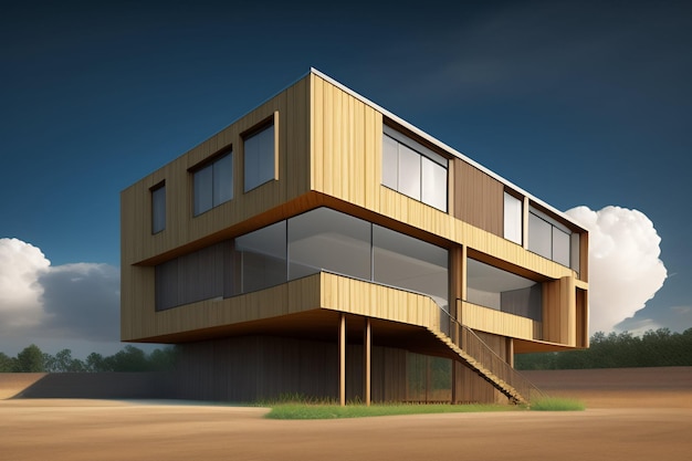 Photo gratuite une maison avec un toit en bois et un escalier sur le côté.