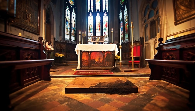 Majestueuse basilique à l'ancienne et illuminée de vitraux générés par IA