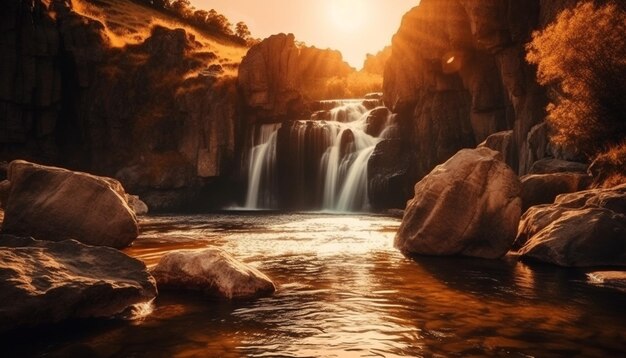 Photo gratuite la majestueuse falaise de montagne reflète la beauté tranquille du coucher de soleil générée par l'ia