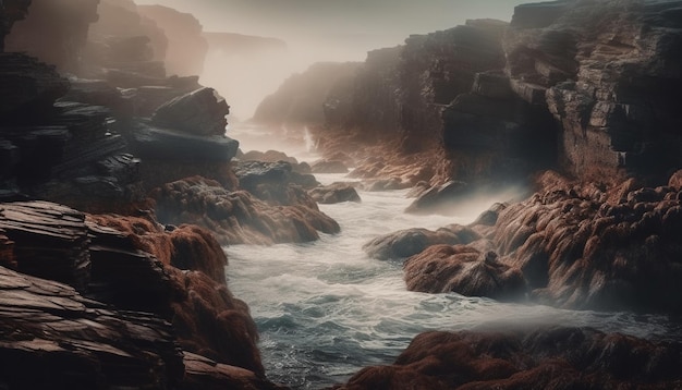 De majestueuses falaises de pierre brisent les vagues à Big Sur générées par l'IA