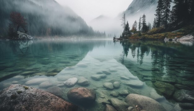 Le majestueux sommet de la montagne se reflète dans l'eau tranquille générée par l'IA