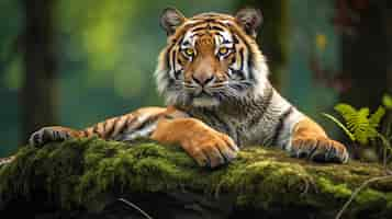 Photo gratuite le majestueux tigre du bengale se repose sur un rocher couvert de mousse au cœur de la jungle.