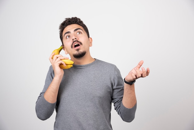 Mâle brune parlant à la banane sur fond gris.