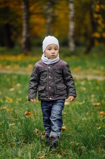 Maman et fils marchant et s'amusant ensemble dans le parc d'automne.