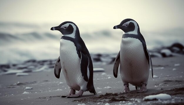 Manchots papous se dandinant sur l'IA générative de la côte antarctique enneigée