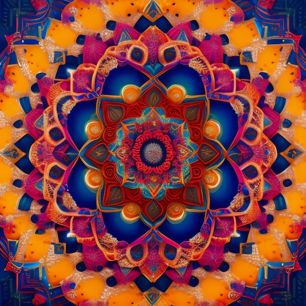 Photo gratuite un mandala coloré avec un fond bleu et un dessin rouge et orange.