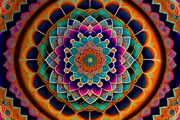 Photo gratuite un mandala coloré avec une grande fleur sur le dessous.