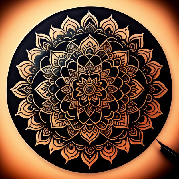 Un mandala noir et orange avec un stylo au milieu.