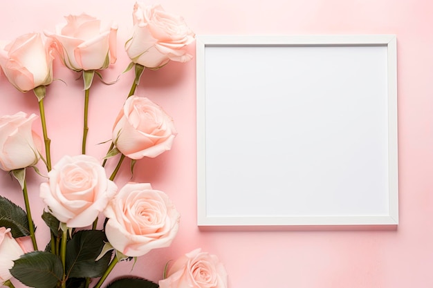 maquette de cadre vide vide avec des roses autour avec fond rose