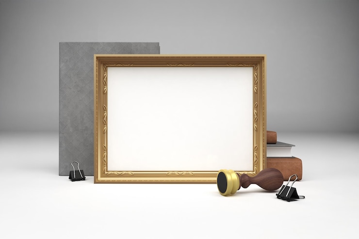 Photo gratuit une maquette élégante avec un cadre en or et des fournitures de bureau