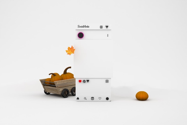 Photo gratuit une maquette de médias sociaux sur le thème de l'automne avec des citrouilles et un chariot