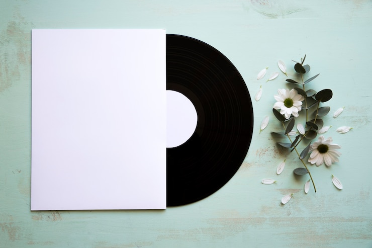 Photo gratuit maquette de vinyle et de papier à côté d'une fleur