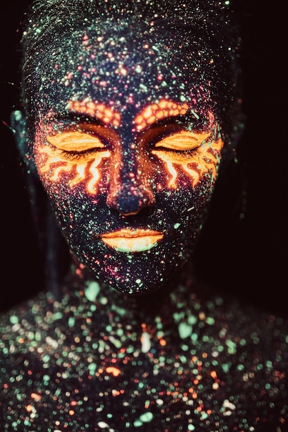 Photo gratuite maquillage ultraviolet. portrait d'une jeune fille peinte à la poudre fluo. notion d'halloween.
