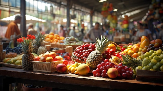 Photo gratuite un marché aux fruits avec des stands et des clients