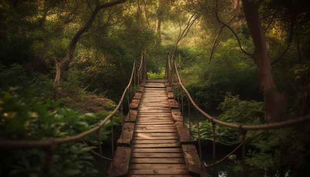 Photo gratuite marcher sur une passerelle entourée d'une végétation luxuriante générée par l'ia