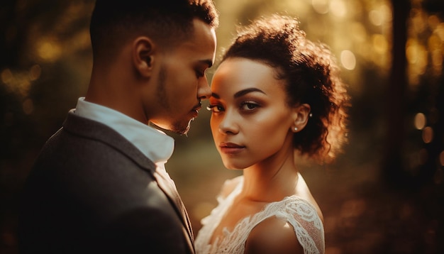 Une mariée et un marié posent pour une photo devant un coucher de soleil doré.