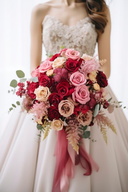 Mariée vue de face avec bouquet de roses