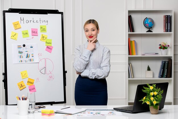 Marketing intelligent femme d'affaires mignonne en chemise rayée au bureau debout en toute confiance et intelligent