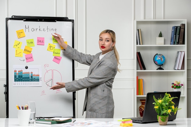 Marketing jeune femme d'affaires assez mignonne en blazer gris au bureau présentant un plan d'affaires