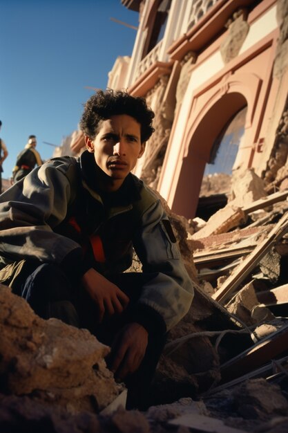 Un Marocain assis sur des débris