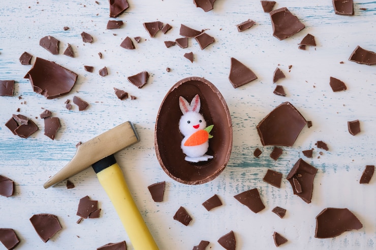 Photo gratuit marteau, près, oeuf chocolat, et, lapin
