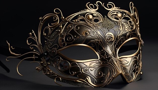 Un masque noir orné cache un visage humain lors d'une fête générée par l'IA