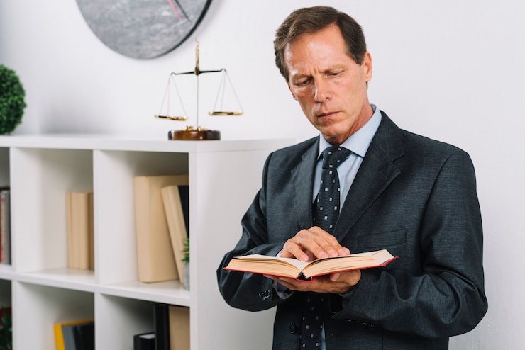 Photo gratuit mature avocat lisant un livre juridique debout dans la salle d'audience
