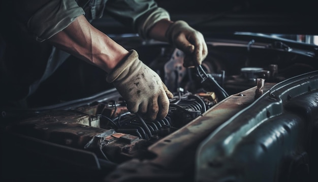 Photo gratuite mécanicien réparant un moteur de voiture avec un outil à clé généré par l'ia