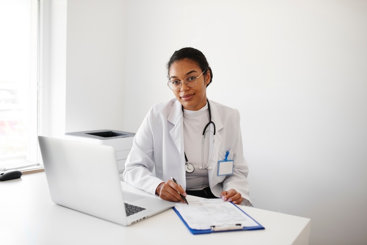 Photo gratuit médecin à coup moyen marchant avec un ordinateur portable