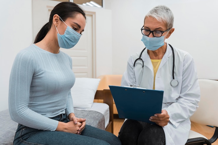 Photo gratuit médecin montrant un presse-papiers à un patient