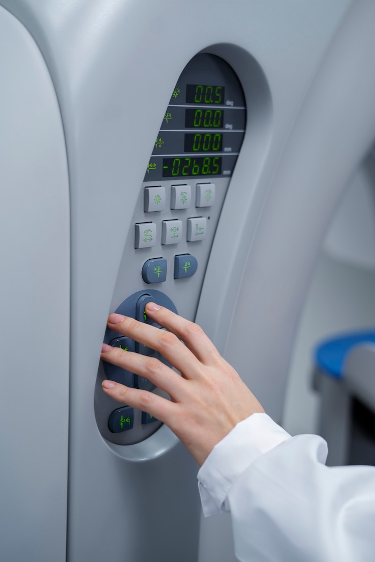 Photo gratuit médecin obtenant une machine de tomodensitométrie prête à l'emploi