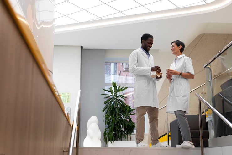 Photo gratuit médecin et patient au cabinet de l'ophtalmologiste