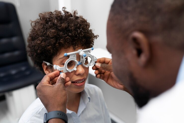 Photo gratuit médecin et patient au cabinet de l'ophtalmologiste