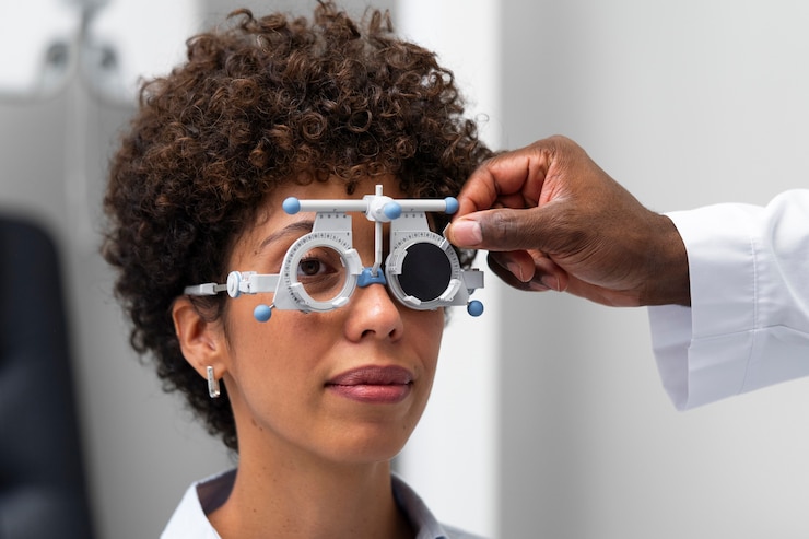 Photo gratuit médecin et patient au cabinet de l'ophtalmologiste