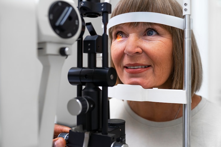 Photo gratuit médecin et patient au cabinet de l'ophtalmologiste