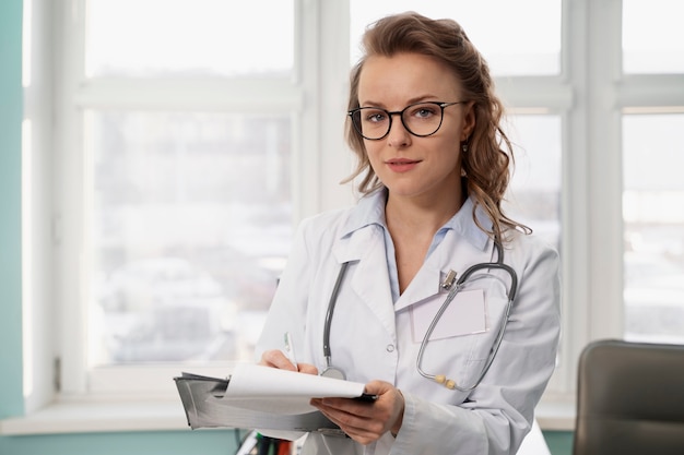 Photo gratuite médecin souriant à coup moyen avec manteau